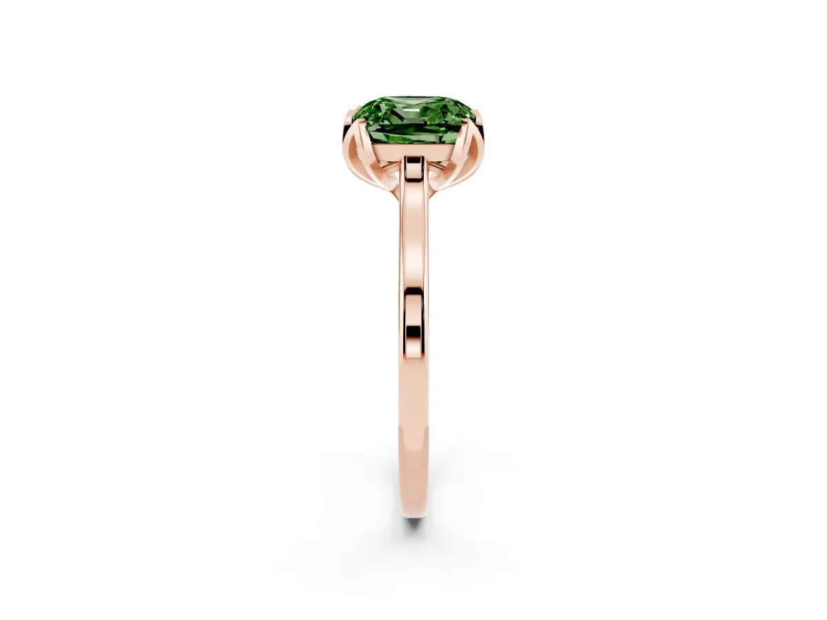 Fancy Green Cushion Cut Diamond Solitaire Ring with Flower Prong Setting and Classic Band Rose gold