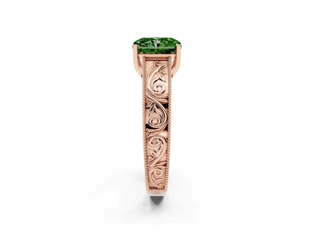 Fancy Green Radiant Cut Diamond Solitaire Ring with Engraved Band and Four-Prong Setting Rose gold