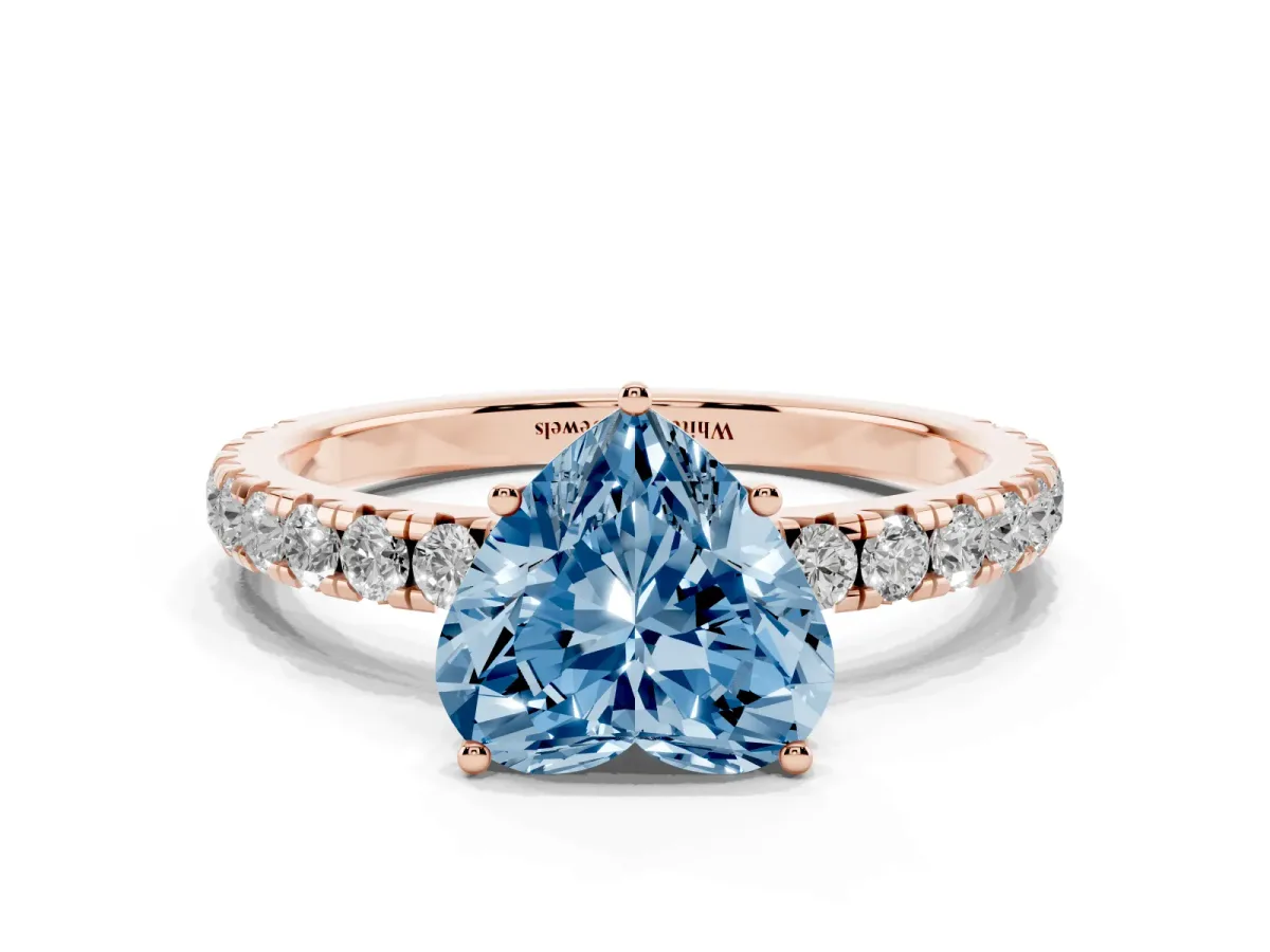 Fancy Blue Heart Cut Diamond Pavé Solitaire Engagement Ring with Four-Prong Setting Rose gold
