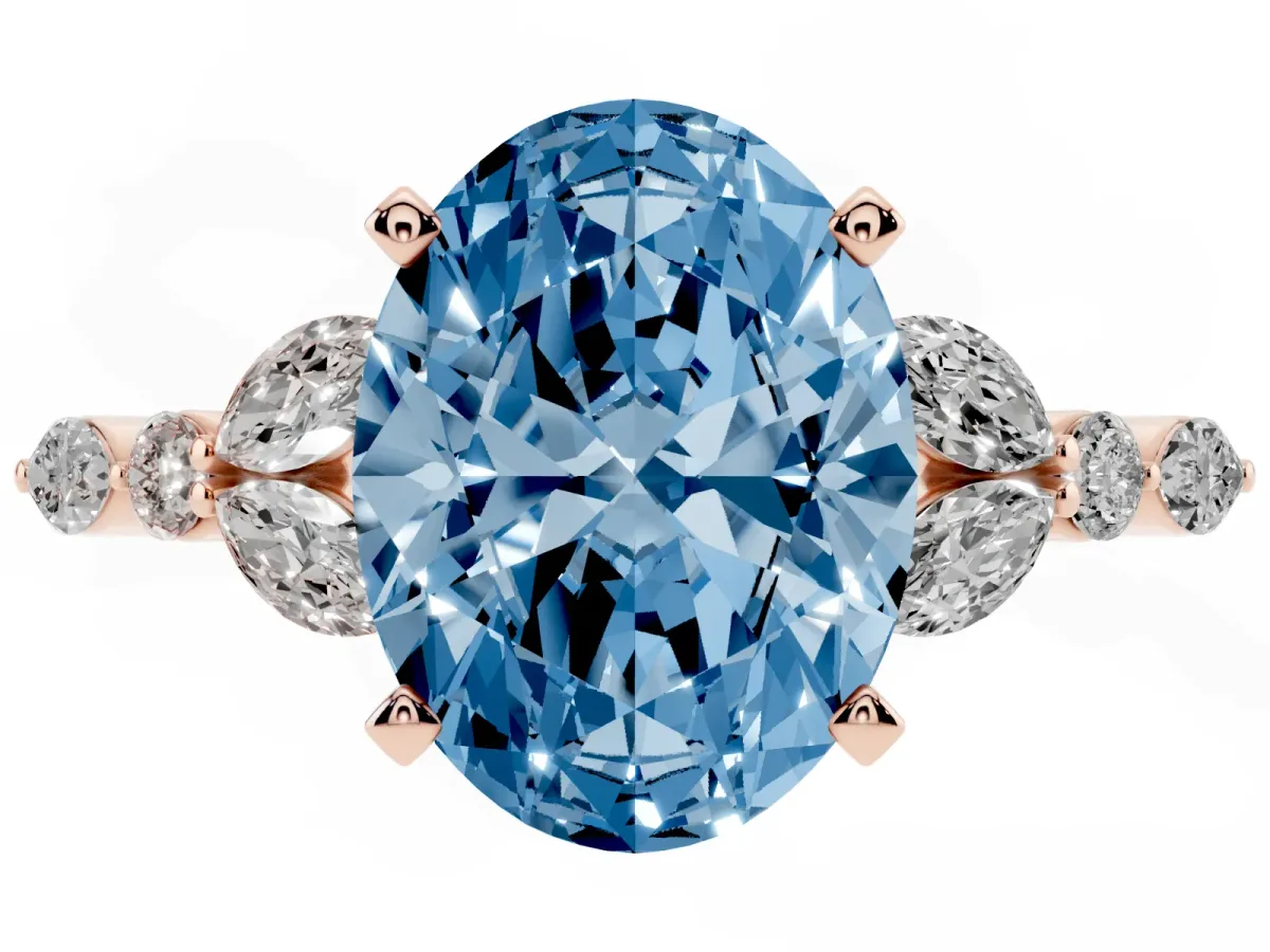 Fancy Blue Oval Cut Diamond Solitaire Ring with Side Stones and Four-Prong Setting Rose gold