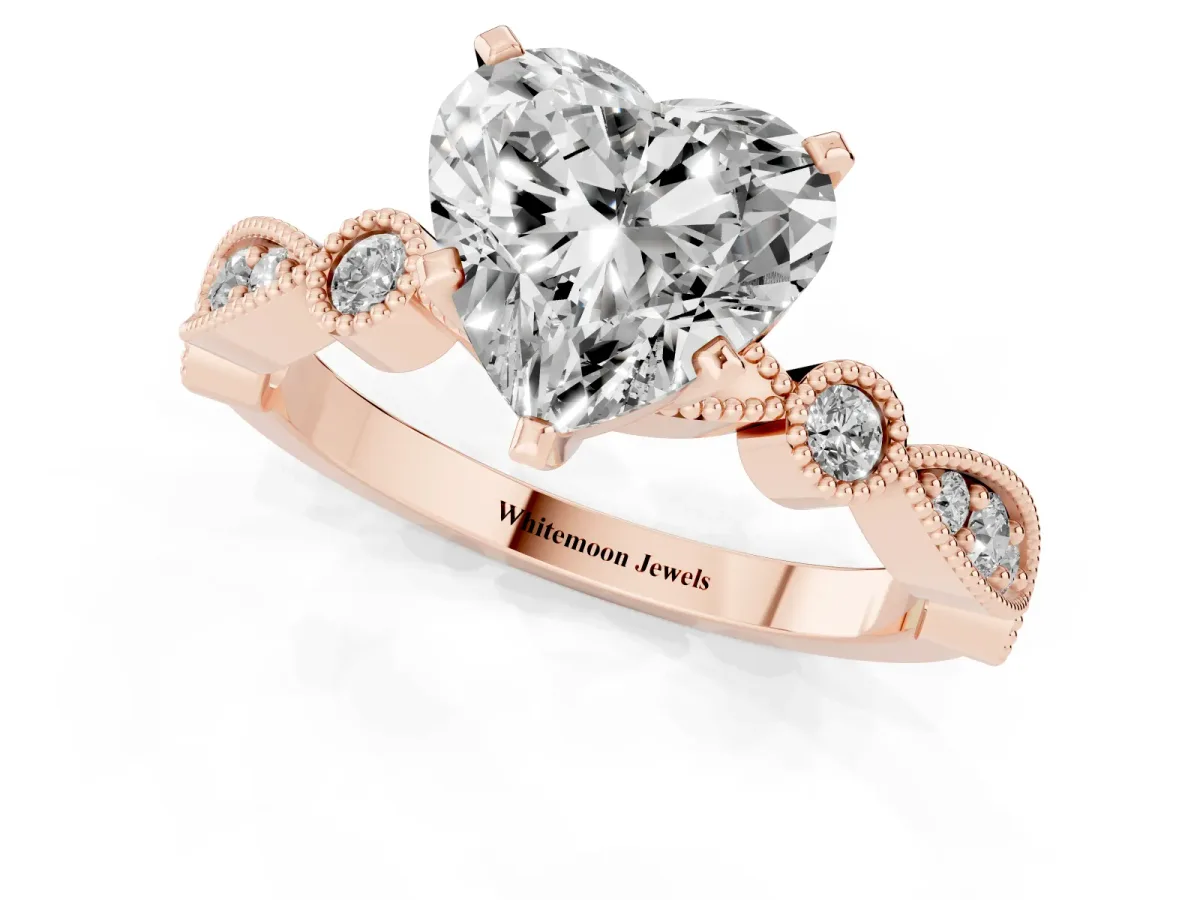 Heart Cut Milgrain Bezel Diamond Engagement Ring with Solitaire Prong Setting Rose gold