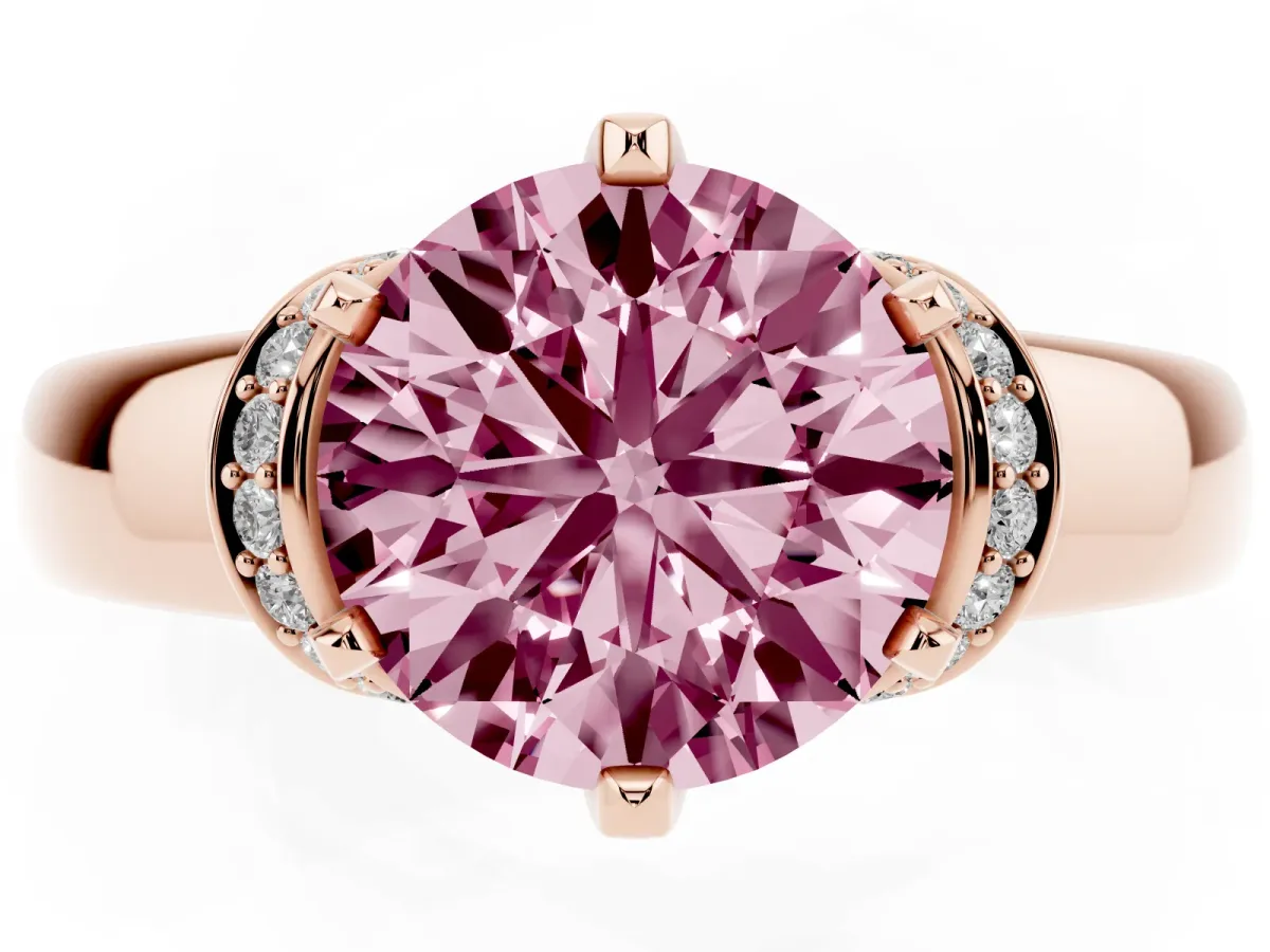 Fancy Pink Round Cut Solitaire Diamond Ring with Pave Band and Six-Prong Setting Rose gold