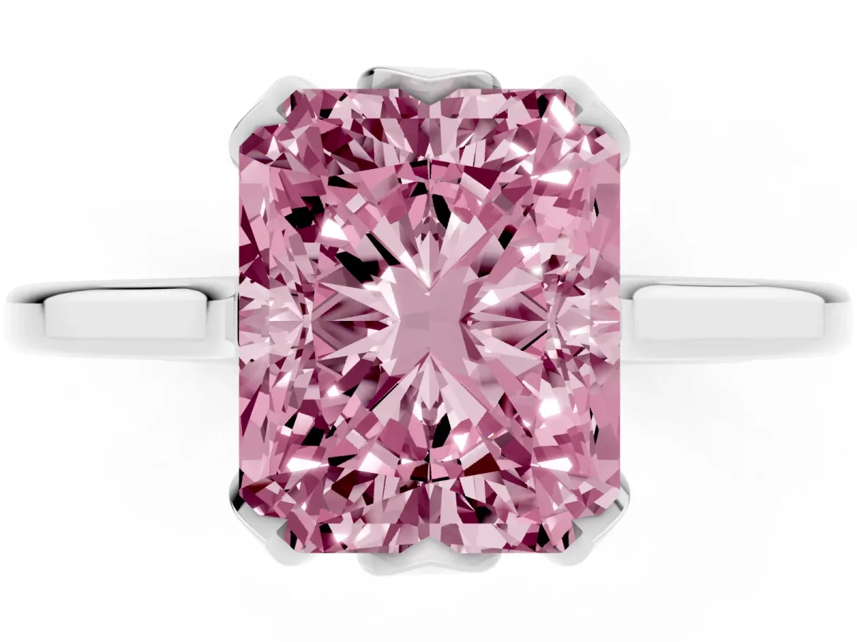 Fancy Pink Radiant Cut Diamond Solitaire Ring with Flower Prong Setting and Classic Band Platinum