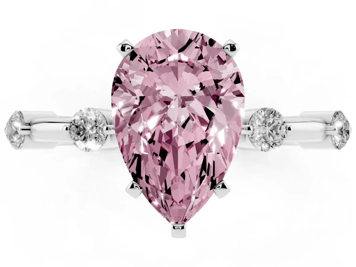 Fancy Pink Pear Cut Solitaire Diamond Ring with Bezel Set Side Stones and Prong Setting Silver