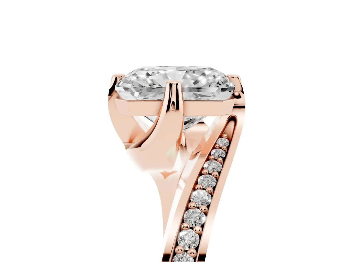 Radiant Cut Solitaire Diamond Twist Band with Pavé Setting and Four-Prong Setting Rose gold