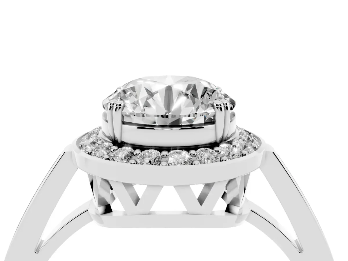 Round Cut Diamond Halo Ring with Split Shank and Four-Prong Setting Silver