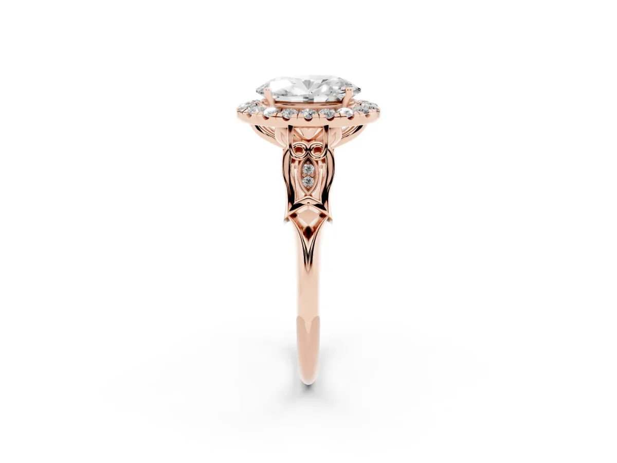 Oval Cut Halo Diamond Engagement Ring with Filigree Band and Four-Prong Setting Rose gold