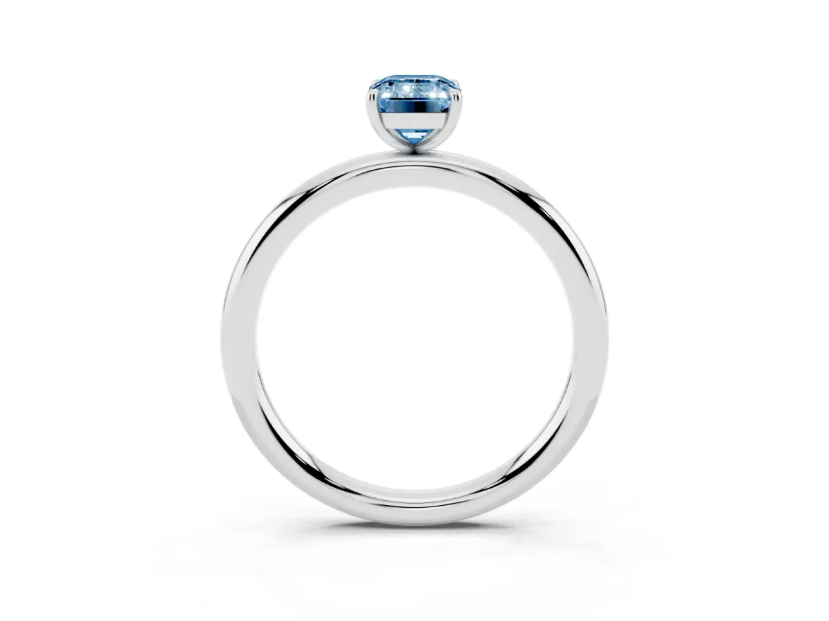 Fancy Blue Emerald Cut Solitaire Diamond Ring with Four-Prong Setting on a Plain Band White gold