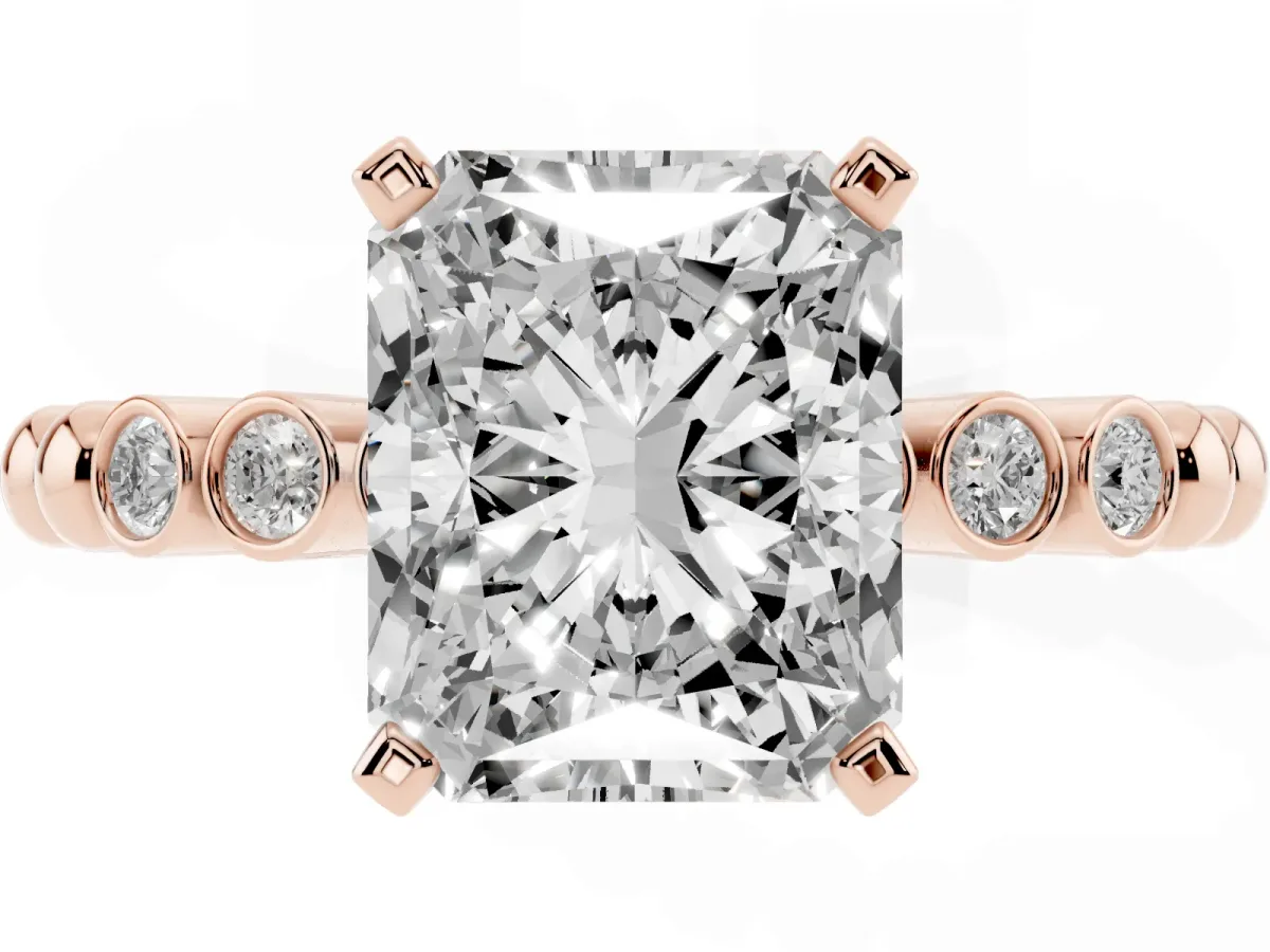 Radiant Cut Solitaire Bezel Accent Diamond Engagement Ring with Beaded Band and Four-Prong Setting Rose gold