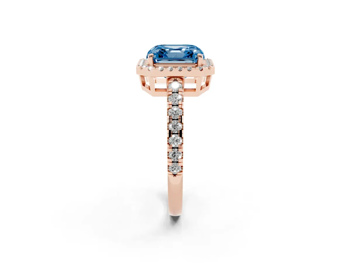 Fancy Blue Asscher Cut Diamond Halo Ring with Pavé Band and Four-Prong Setting Rose gold