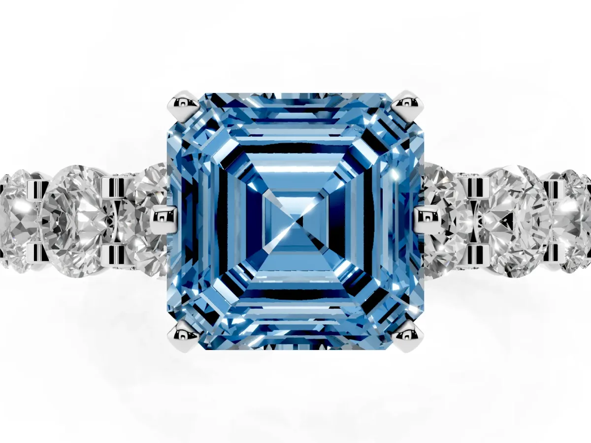 Fancy Blue Asscher Cut Diamond Side Stone Engagement Ring with Four-Prong Setting White gold