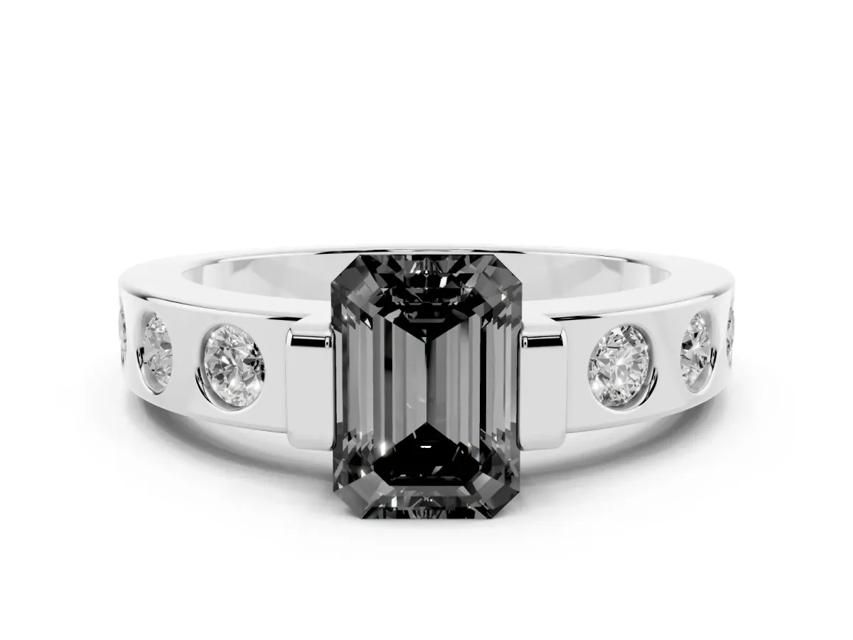 Fancy Black Emerald Cut Brilliant Channel-Set Diamond Ring with Bezel Prong Setting Platinum