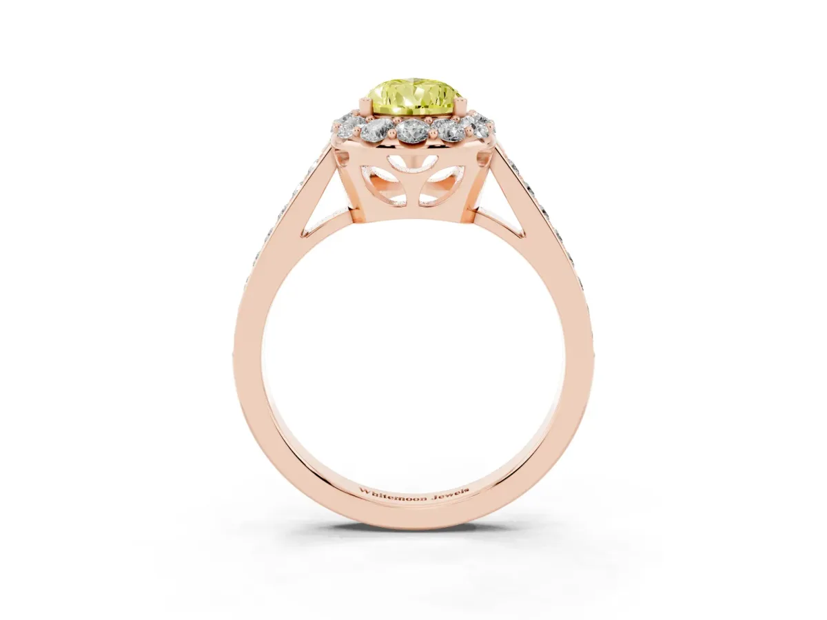 Fancy Yellow Pear Cut Diamond Floral Halo Ring with Pavé Band and Prong Setting Rose gold