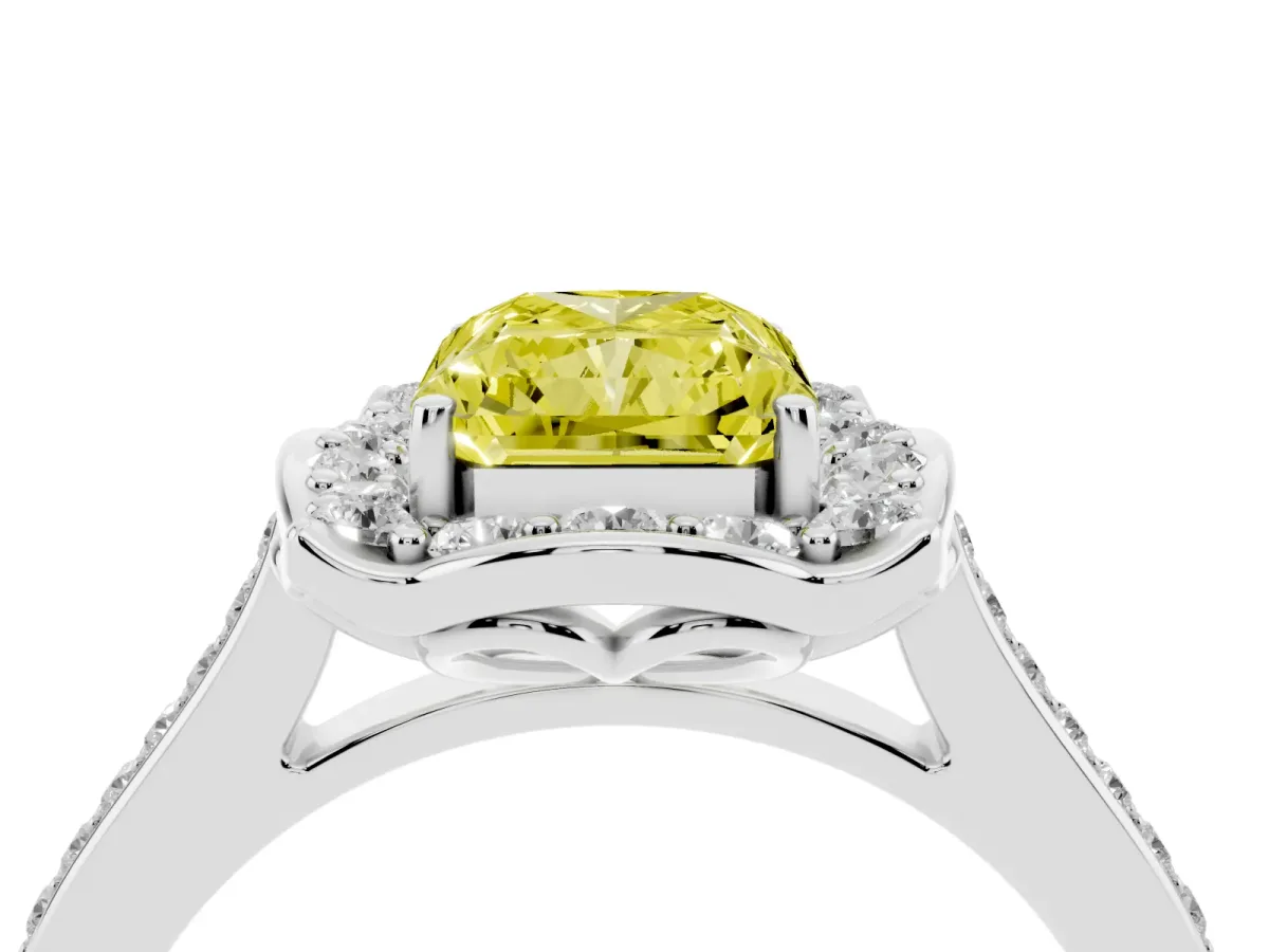 Fancy Yellow Radiant Cut Halo Round Diamond Pave Band with Four-Prong Setting Platinum
