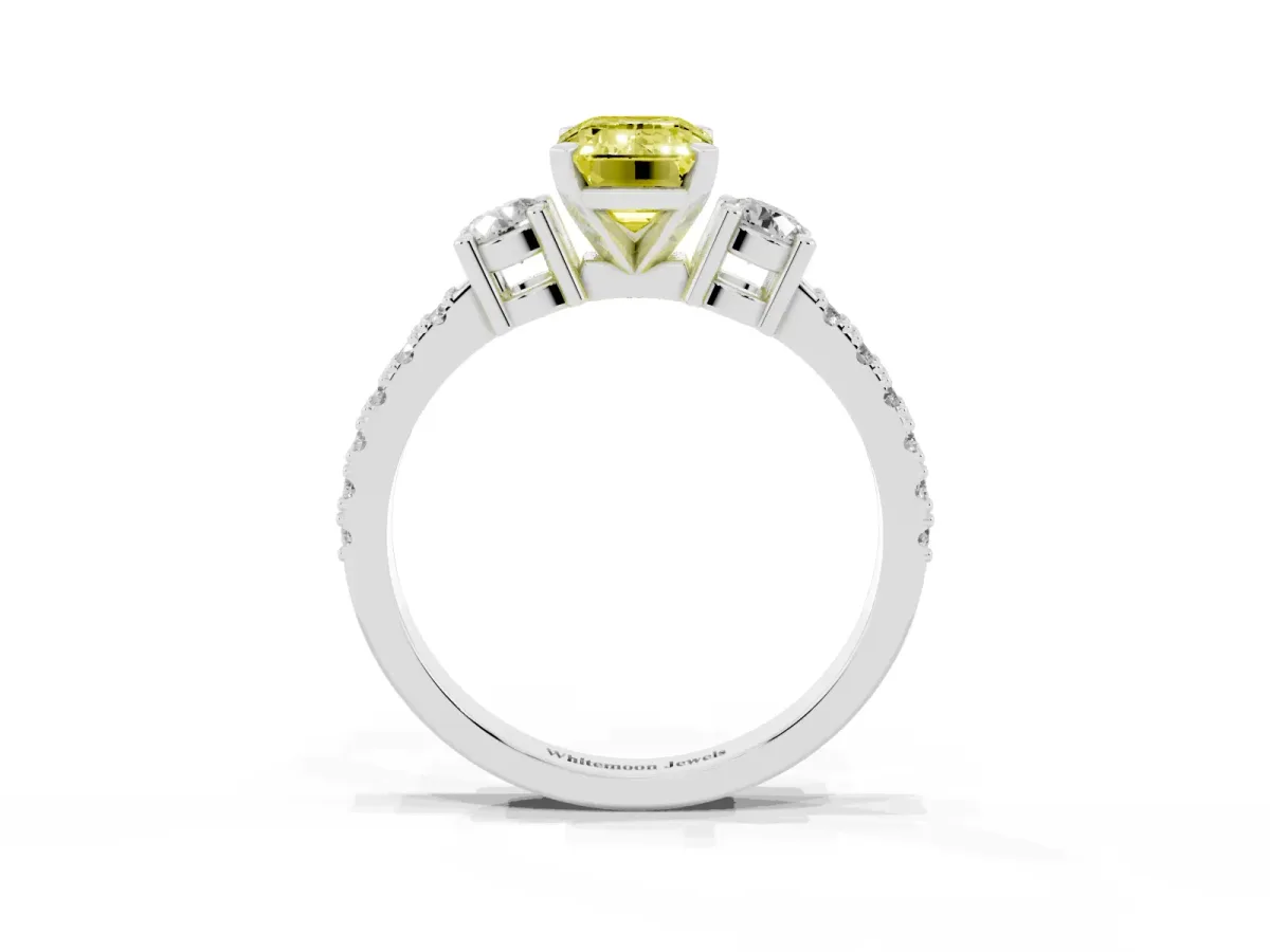 Fancy Yellow Emerald Cut Three-Stone Diamond Pavé Band with Prong Setting Platinum