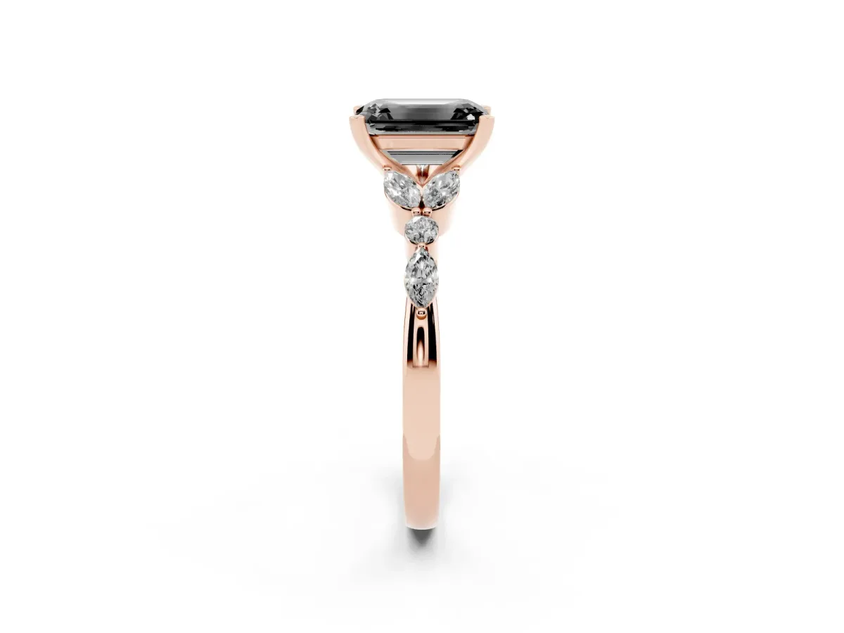 Fancy Black Emerald Cut Diamond Solitaire Ring with Side Stones and Four-Prong Setting Rose gold