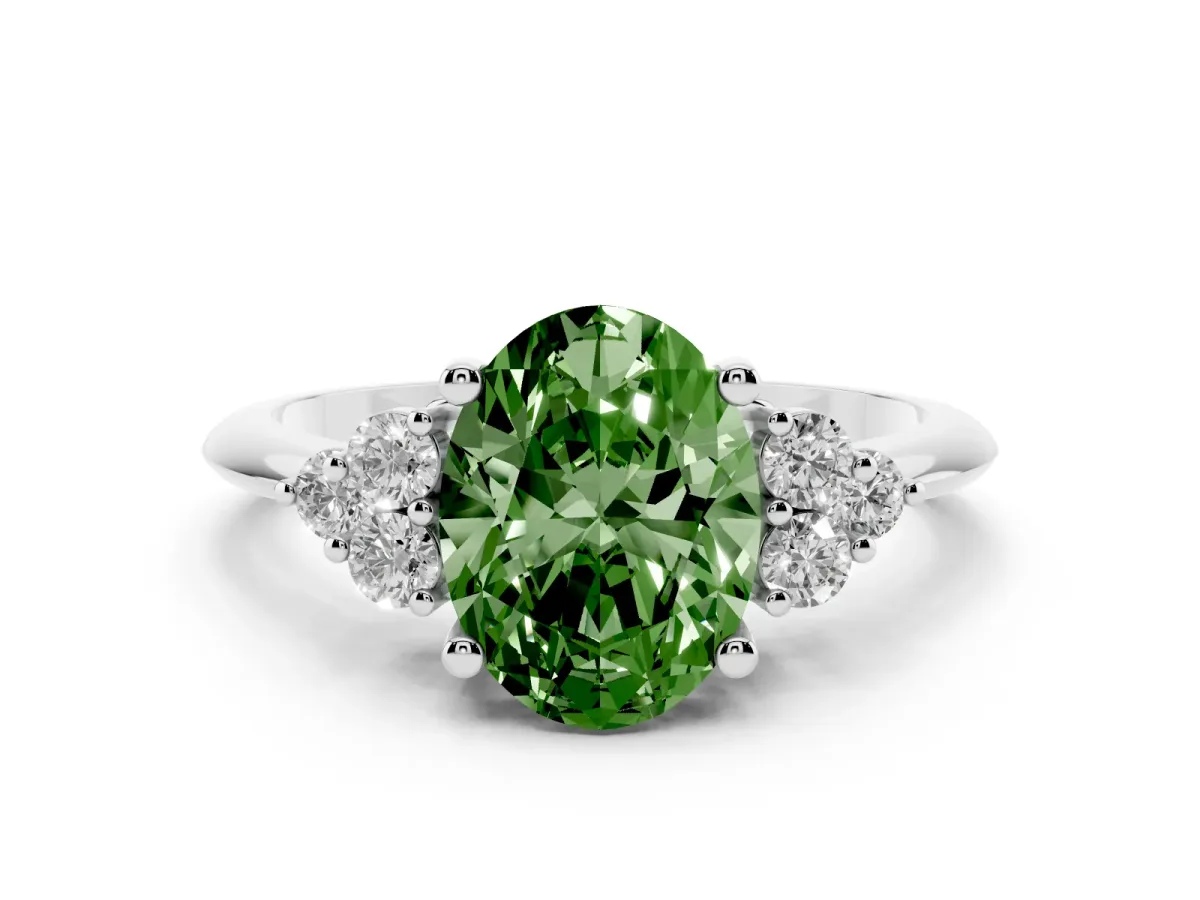 Fancy Green Oval Cut Cut Diamond Cluster Ring with Solitaire Band and Four-Prong Setting Silver