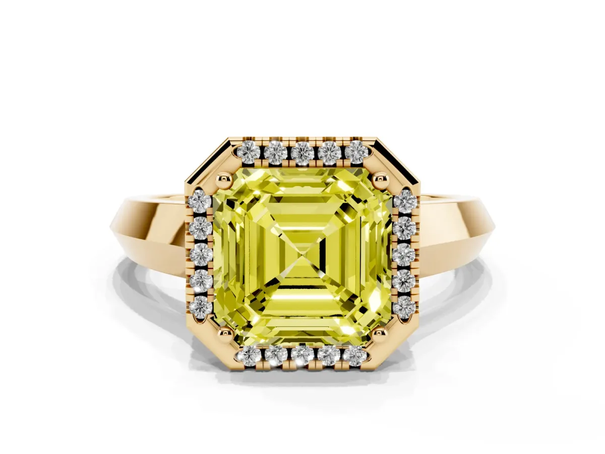 Fancy Yellow Asscher Cut Halo Diamond Ring with Cathedral Band and Four-Prong Setting Yellow gold