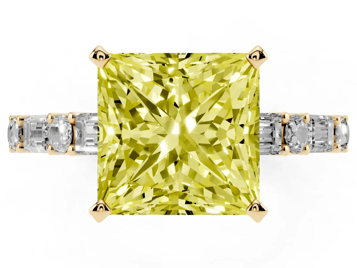 Fancy Yellow Princess Cut Diamond Solitaire with Side Baguettes and Channel Set Band Yellow gold