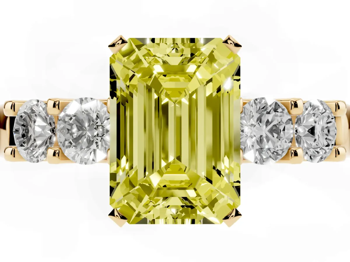 Fancy Yellow Emerald Cut Brilliant Cut Diamond Five-Stone Prong Set Engagement Ring with Channel Band Yellow gold