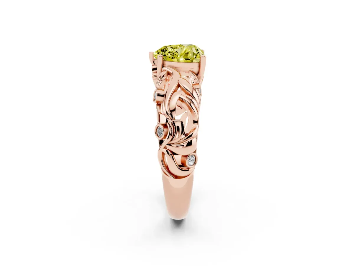 Fancy Yellow Heart Cut Solitaire Diamond Leaf-Inspired Vine Band Ring with Prong Setting Rose gold