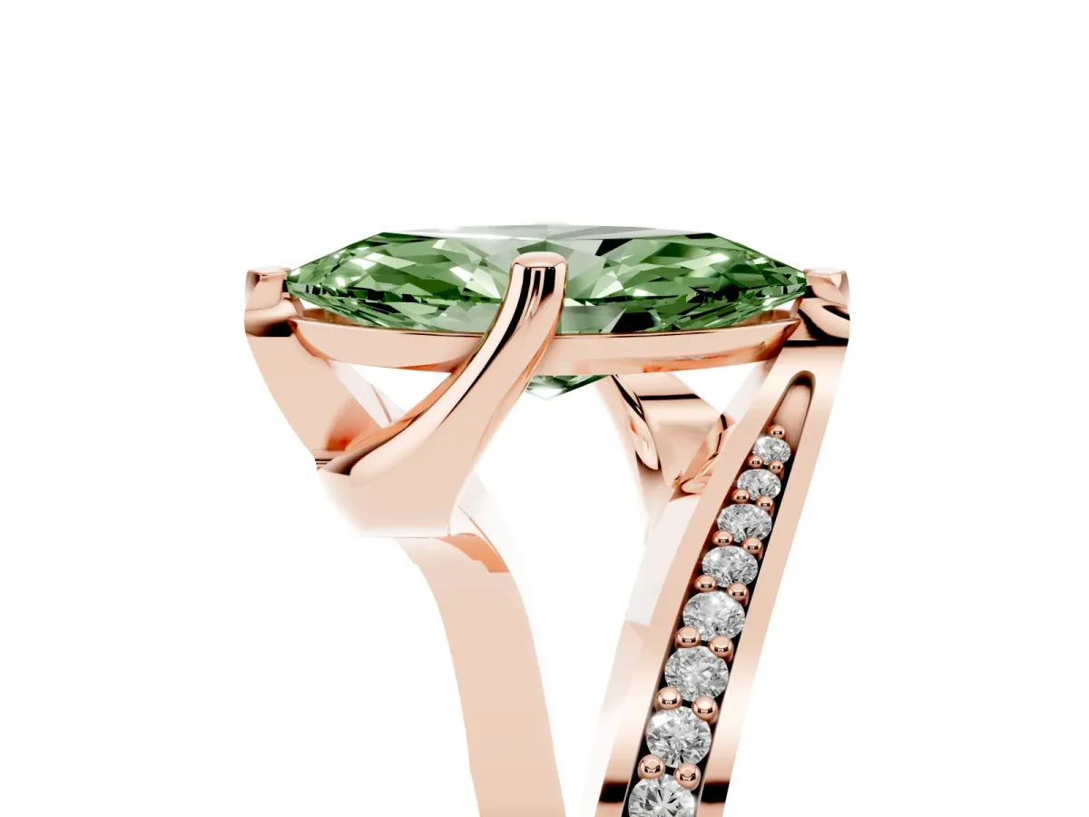 Fancy Green Marquise Cut Solitaire Diamond Twist Band with Pavé Setting and Four-Prong Setting Rose gold
