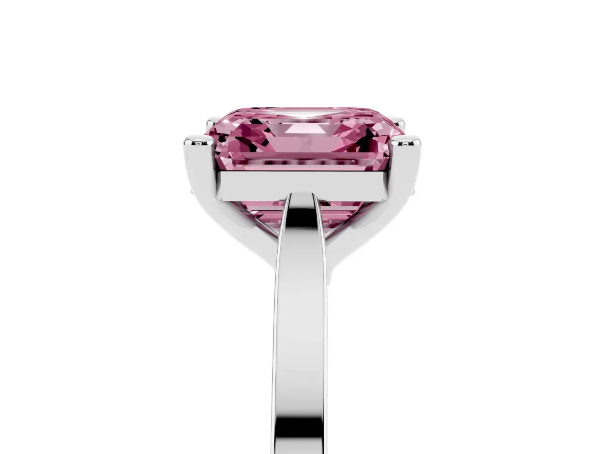 Fancy Pink Asscher Cut Solitaire Diamond Ring with Four-Prong Setting and Tapered Band Platinum