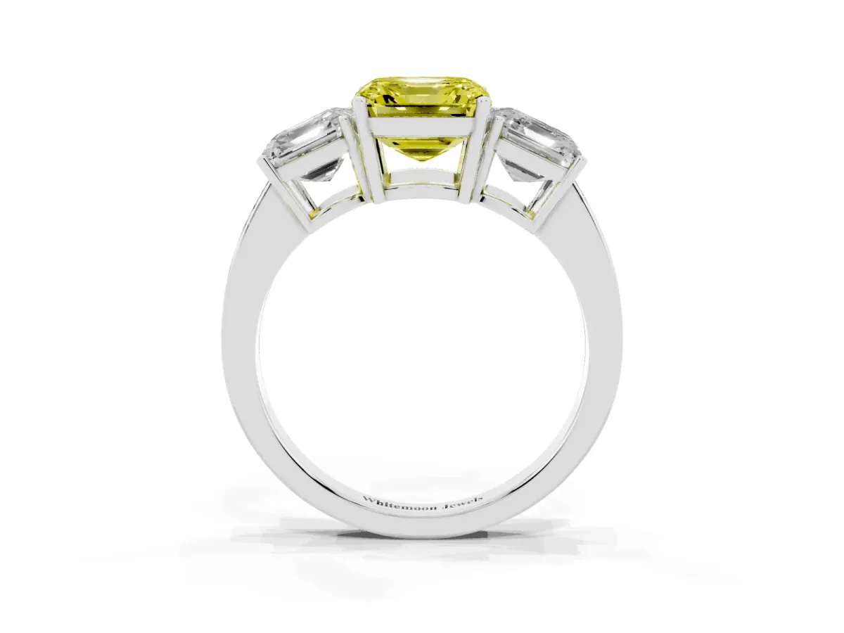 Fancy Yellow Three-Stone Asscher Cut Cut Diamond Engagement Ring with Flat Band and Four-Prong Setting Silver