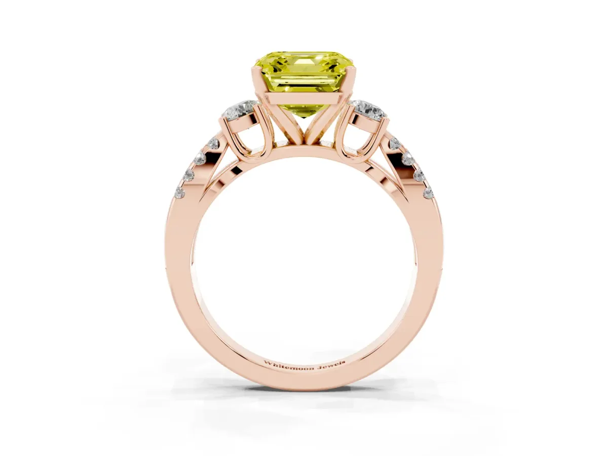Fancy Yellow Asscher Cut Diamond Three-Stone Ring with Pavé Split Shank and Four-Prong Setting Rose gold