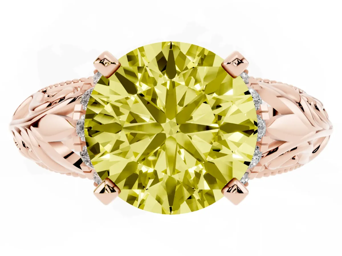 Fancy Yellow Round Cut Solitaire Filigree Engagement Ring with Halo and Prong Setting Rose gold