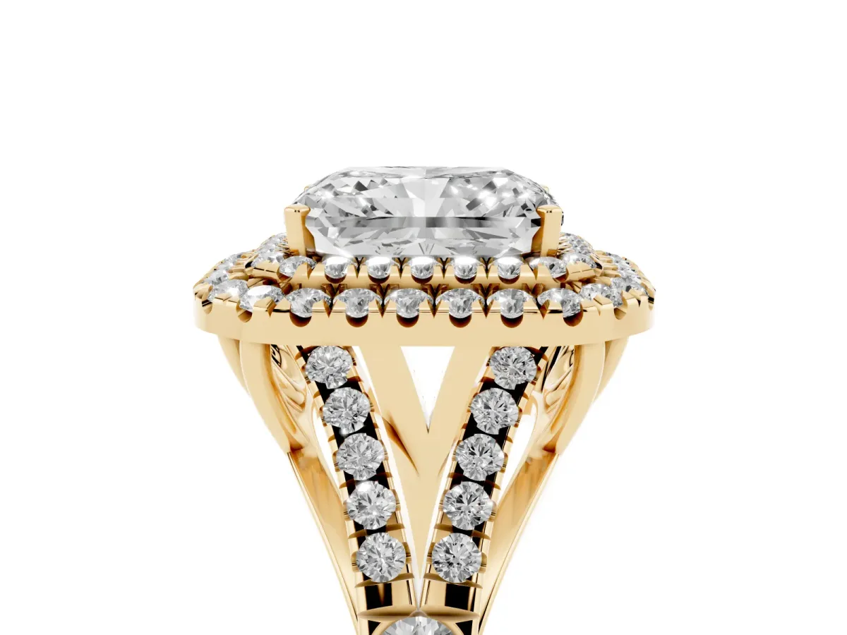 Radiant Cut Diamond Double Halo Ring with Split Shank and Prong Setting Yellow gold