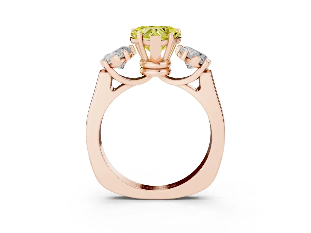 Fancy Yellow Three-Stone Heart Cut Brilliant Diamond Trellis Ring with Comfort Fit Band Rose gold