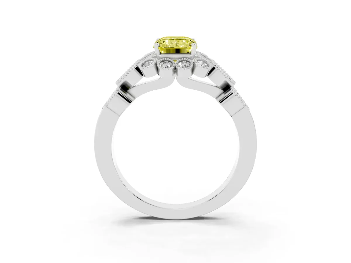 Fancy Yellow Emerald Cut Brilliant Milgrain Pave Heart Band Solitaire Ring Silver