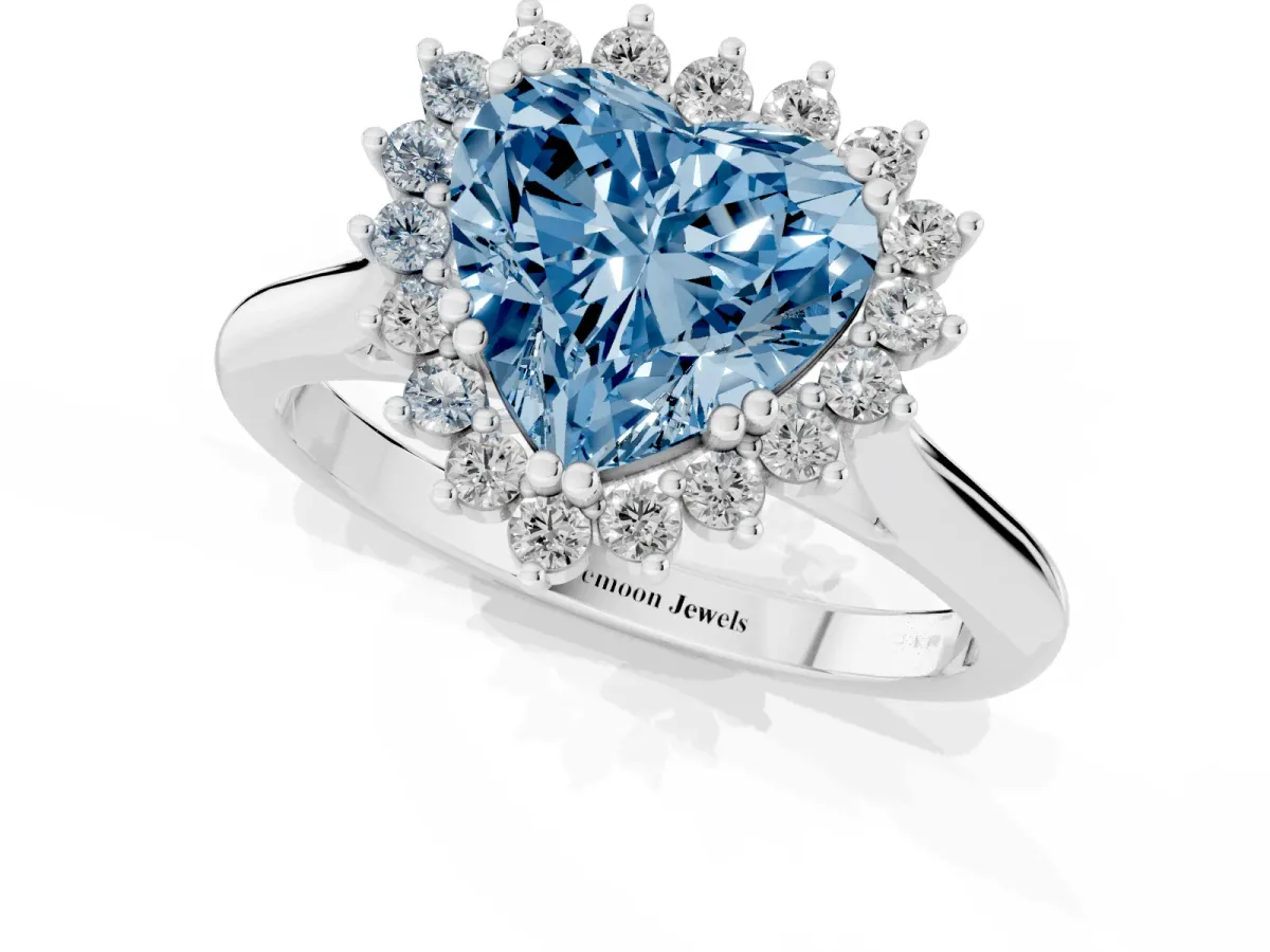 Fancy Blue Heart Cut Cut Diamond Halo Ring with Solitaire Band and Prong Setting Platinum