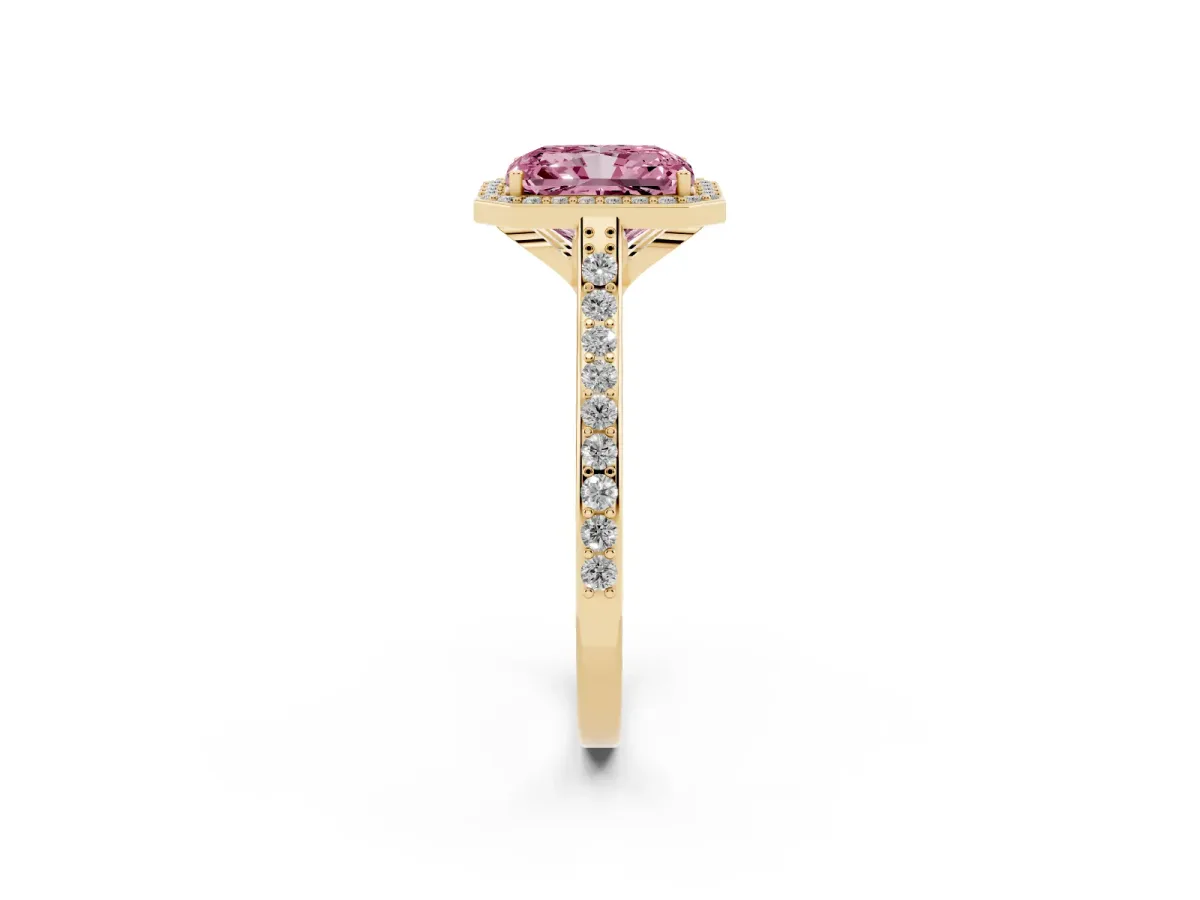 Fancy Pink Radiant Cut Diamond Halo Engagement Ring with Round Pavé Shoulders and Prong Setting Yellow gold