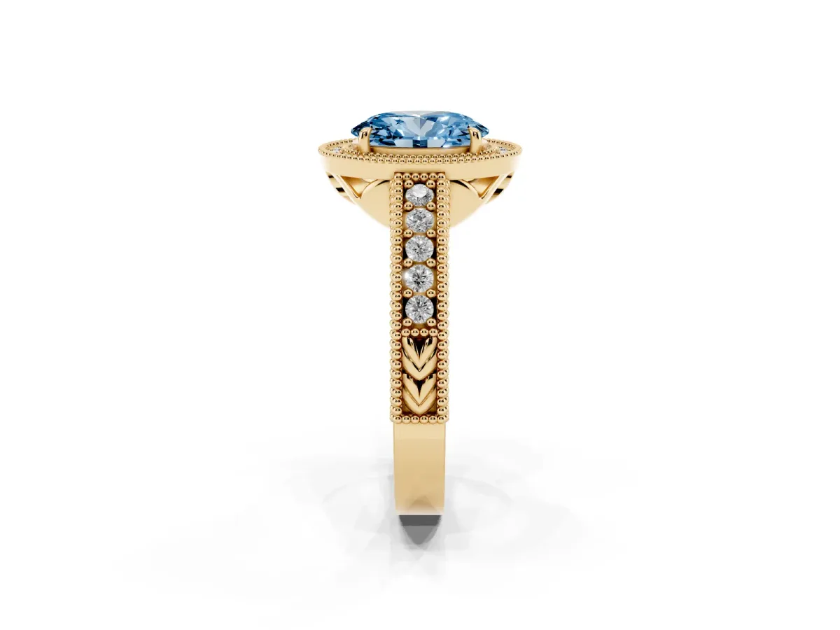 Fancy Blue Oval Cut Cut Halo Diamond Ring with Pavé Band and Four-Prong Setting Yellow gold
