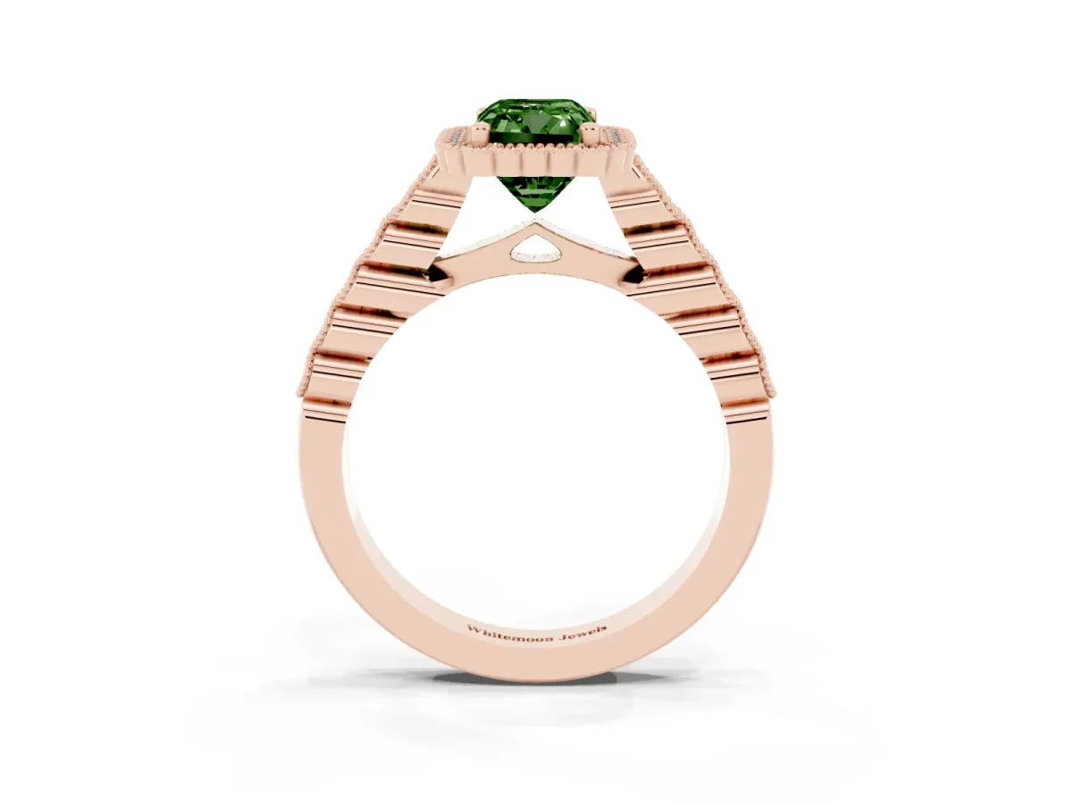 Fancy Green Radiant Cut Cut Halo Pavé Solitaire Ring with Milgrain Band Rose gold