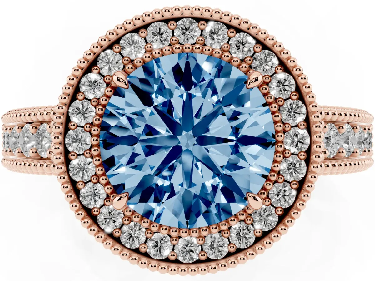 Fancy Blue Round Cut Cut Halo Diamond Ring with Pavé Band and Four-Prong Setting Rose gold