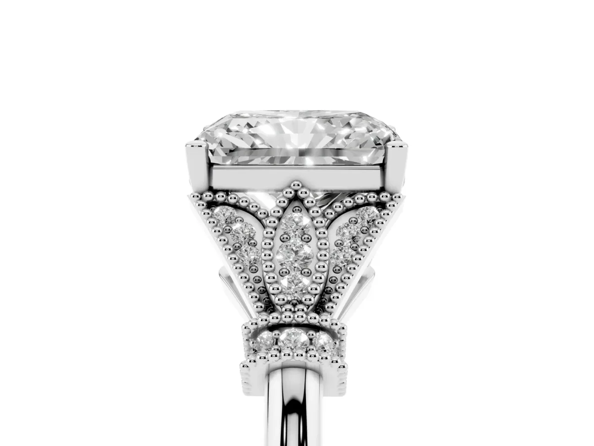Radiant Cut Diamond Solitaire Ring with Floral Filigree and Pave Accents Platinum