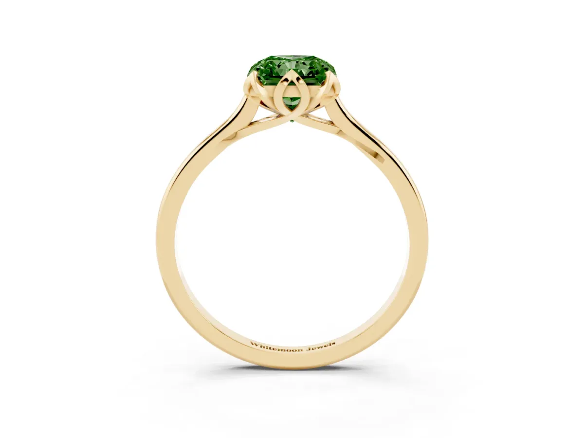 Fancy Green Radiant Cut Diamond Solitaire Ring with Flower Prong Setting and Classic Band Yellow gold