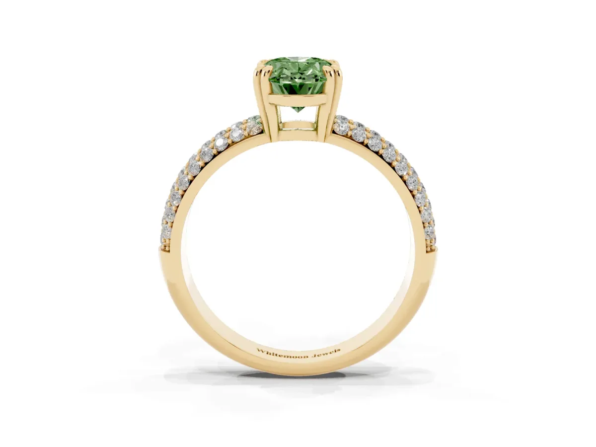 Fancy Green Oval Cut Diamond Solitaire Ring with Multi-Row Round Pavé Band and Prong Setting Yellow gold