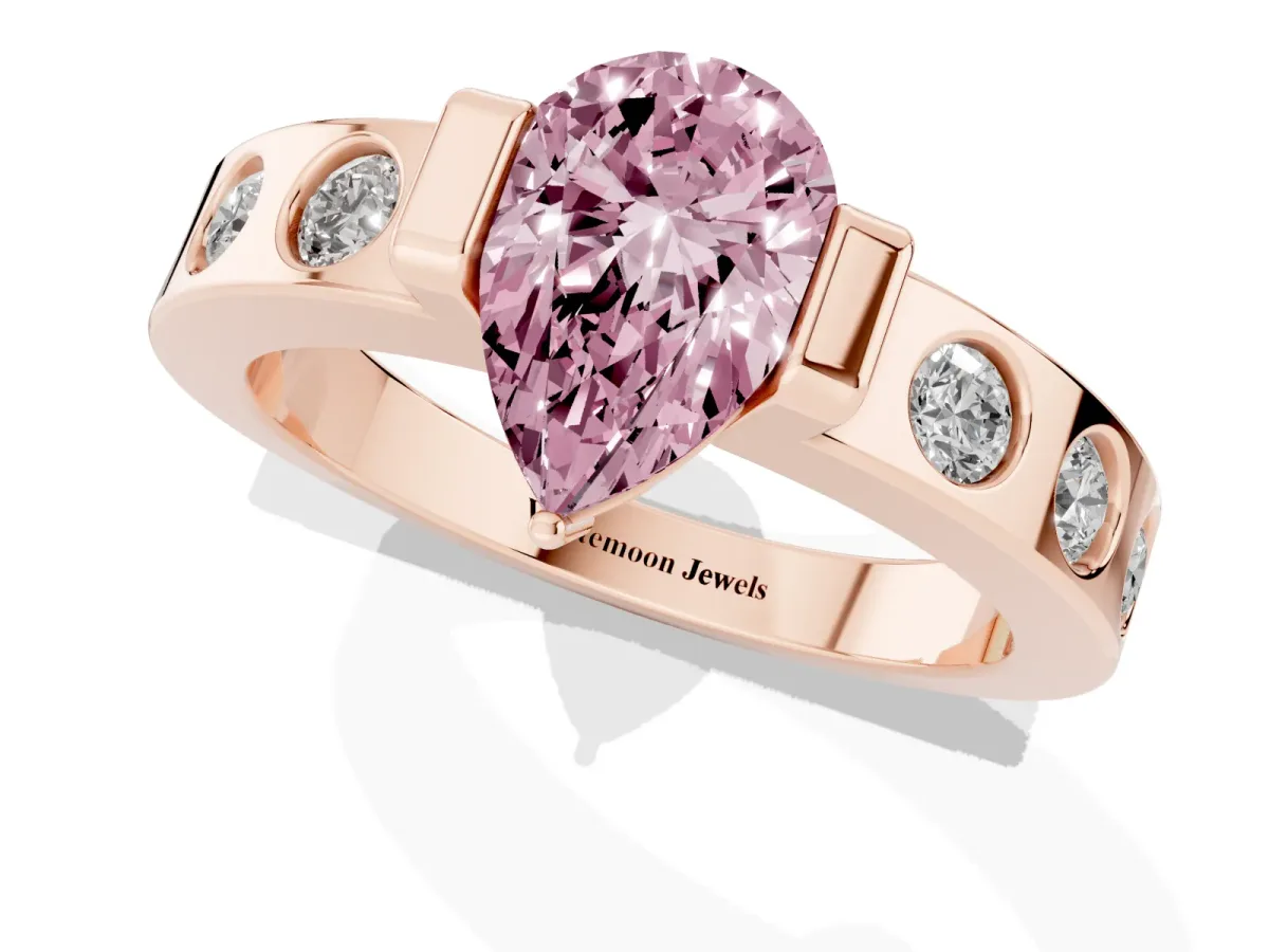 Fancy Pink Pear Cut Brilliant Channel-Set Diamond Ring with Bezel Prong Setting Rose gold