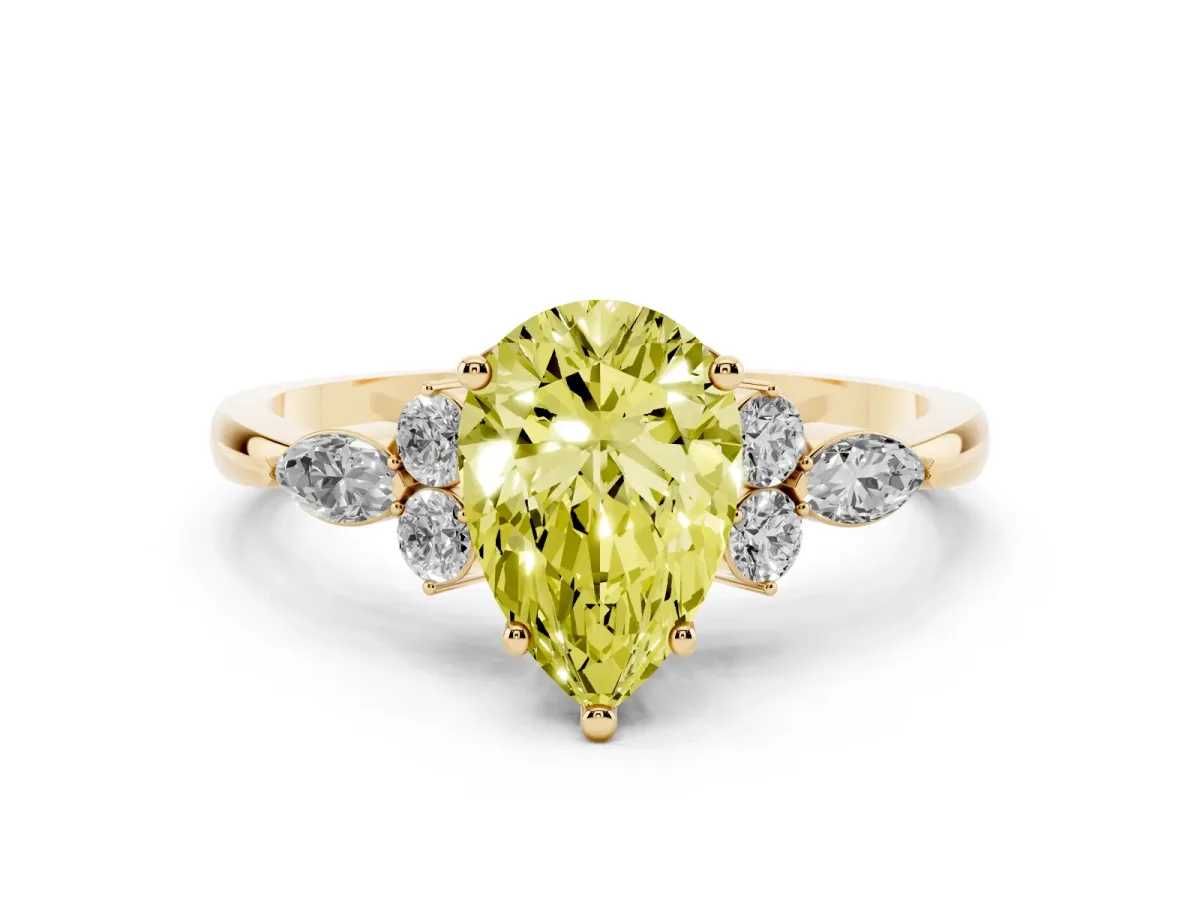 Fancy Yellow Pear Cut Brilliant Diamond Solitaire Ring with Pear Side Stones and Four-Prong Setting Yellow gold