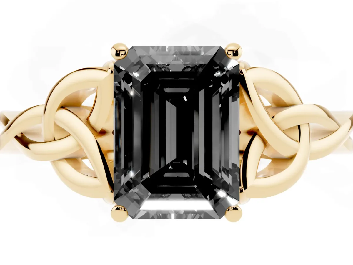 Fancy Black Emerald Cut Diamond Solitaire Engagement Ring with Celtic Knot Band and Four-Prong Setting Yellow gold