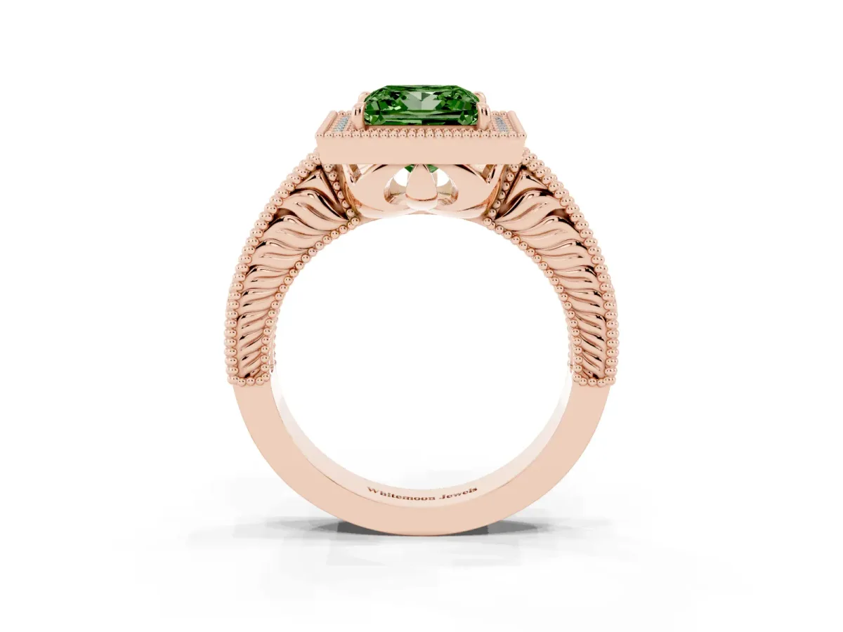 Fancy Green Princess Cut Cut Halo Diamond Ring with Pavé Band and Four-Prong Setting Rose gold