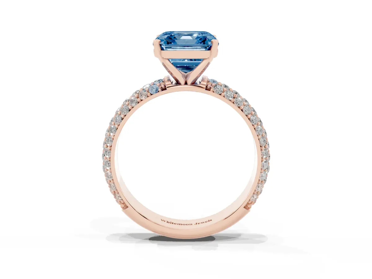 Fancy Blue Asscher Cut Diamond Solitaire Ring with Prong Setting and Pavé Band Rose gold