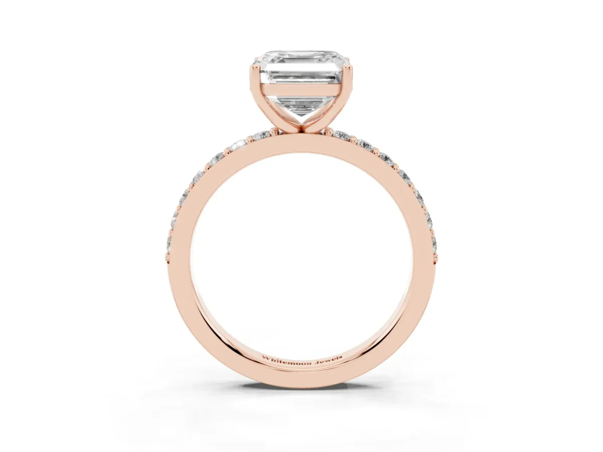 Asscher Cut Cut Diamond Solitaire with Pave Band and Four-Prong Setting Rose gold