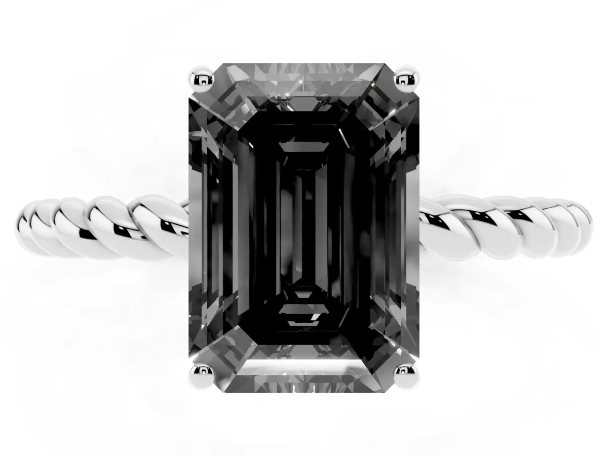 Fancy Black Emerald Cut Solitaire Twisted Band 4-Prong Ring Silver