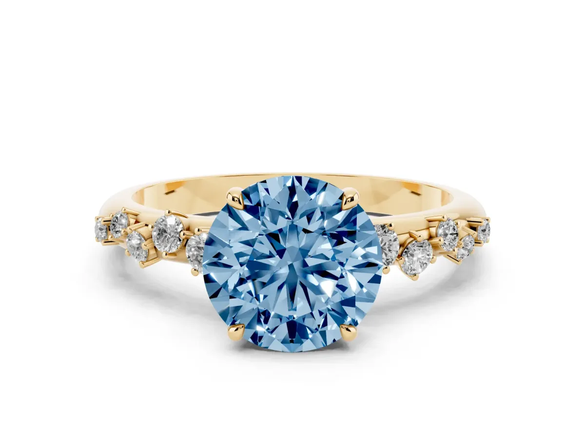 Fancy Blue Round Cut Diamond Cluster Prong-Set Solitaire Ring Yellow gold