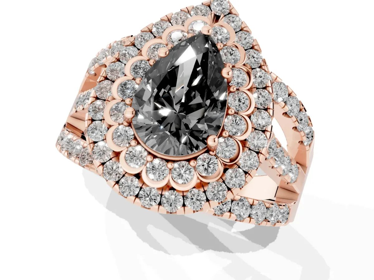 Fancy Black Pear Cut Diamond Double Halo Ring with Round Pavé Split Shank and Prong Setting Rose gold